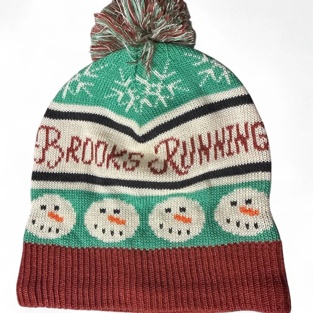 NWT Brooks Running Christmas Beanie with snowmen and snowflakes Brand new